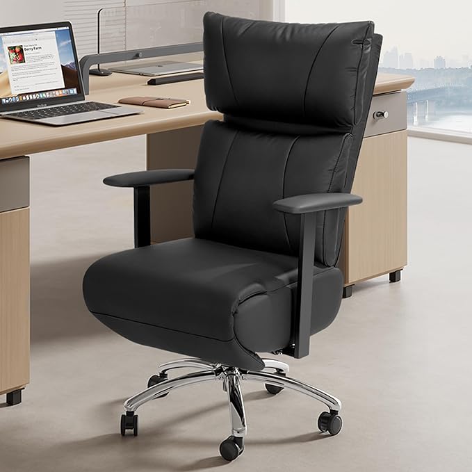 Reclining Office Chair with Adjustable Headrest and Footrest, 170° Ergonomic Comfortable Office Chair Zero Gravity, Leather Executive Home Office Desk Chair (Black)