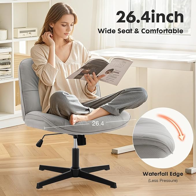Sweetcrispy Criss Cross Chair, Wide Seat PU Leather Armless Office Desk Vanity Chair, Comfortable Adjustable Swivel Computer Task Chairs for Bedroom, Small Space Make Up, Grey