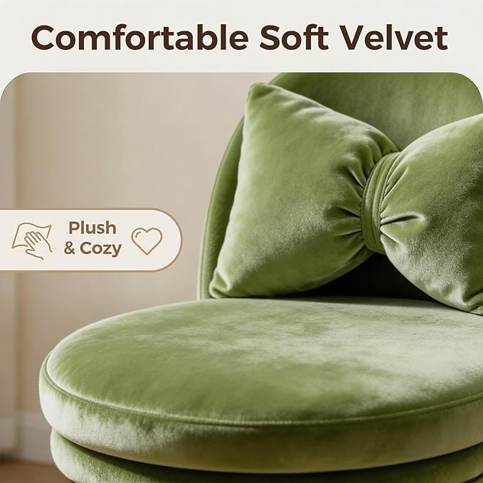 GTPOFFICE Vanity Chair with Back, Adjustable Tall Office Chair High Swivel Bar Stools Fluffy Cute Desk Chair Comfy with Wheels Bow Pillow Armlees for Adults Standing Desk Bar, Soft Velvet, Green