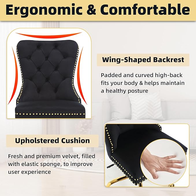 Velvet Desk Chair with Wheels, Gold Office Chair Armless Swivel Chair with Tufted High Back Rivet Trim, Comfy Upholstered Ergonomic Computer Chair for Bedroom, Black