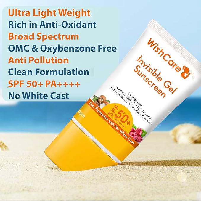 WishCare Invisible Gel Sunscreen SPF 50+ PA++++ For Oily and Dry skin - Light Weight Oil Free Gel Sunscreen 50g