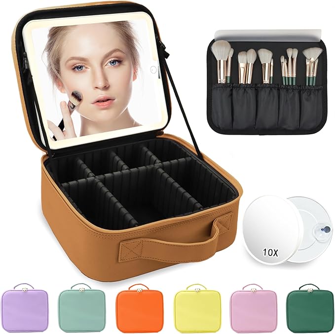 Makeup Bag with Mirror,with Mirror 3 Color Setting and Detachable 10x Magnifying Mirror Large Vanity Makeup Cases,Portable Storage and Adjustable Dividers, for Women and Makeup Artists-Brown