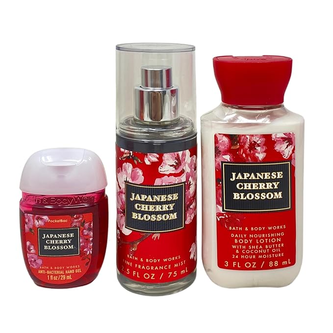 Bath & Body Works Japanese Cherry Blossom Very Merry Cherry Travel Gift Set - Fine Fragrance Mist - Body Lotion - Hand Gel - with a Peach Gardenia Sample Soap - Travel Size