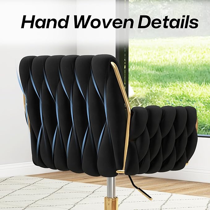Woven 360°Swivel Desk Chair, Velvet Height Adjustable Home Office Armchair with Golden Base for Teens Women Girls, Upholstery Computer Chair for Home Studios and Office, Woven & Black