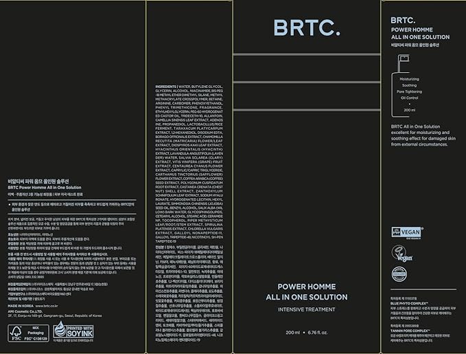 BRTC Power Homme All in One Solution | Men's Face Moisturizer | 3-in-1 (Toner+Lotion+Essence) | Sebum Control, Korean Skincare (200ml, 6.76 fl.oz)