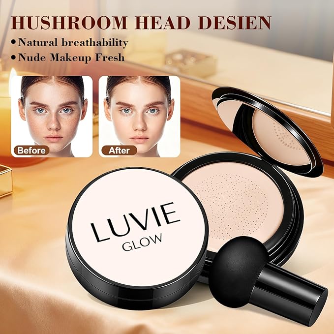 Cushion Foundation/Mushroom Head Air Cushion BB Cream/Long Lasting Hydrating Light Coverage for All Skin Types, Natural Color/Luvie (Lvory)