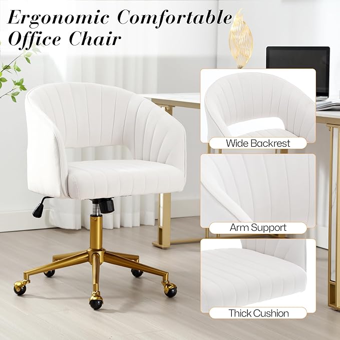 Home Office Swivel Desk Chair, Modern Velvet Vanity Chair, Height Adjustable Armchair with Gold Base, Ergonomic Office Chair for Task Study Computer Room, Beige