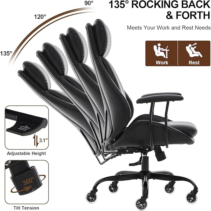 Office Chair, Leather Desk Chair with Rubber Wheels, Ergonomic Computer Chair 500 LBS with Lumbar Support, High Back Executive Chair for Modern Home Office, Black