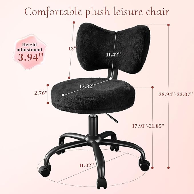 Vanity Chair with Wheels, Cute Desk Chair with Bow Backrest, Fluffy Faux Rabbit Fur Small Office Chair for Vanity, Make-up Room, Bedroom, Dorm, Height Adjustable, Black
