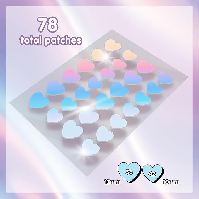 Heal & Conceal Pimple Patch - Cute Holographic Heart Shaped Acne Patches, Fun Hydrocolloid Zit Stickers for Face (Iridescent Hearts, 78 Count)