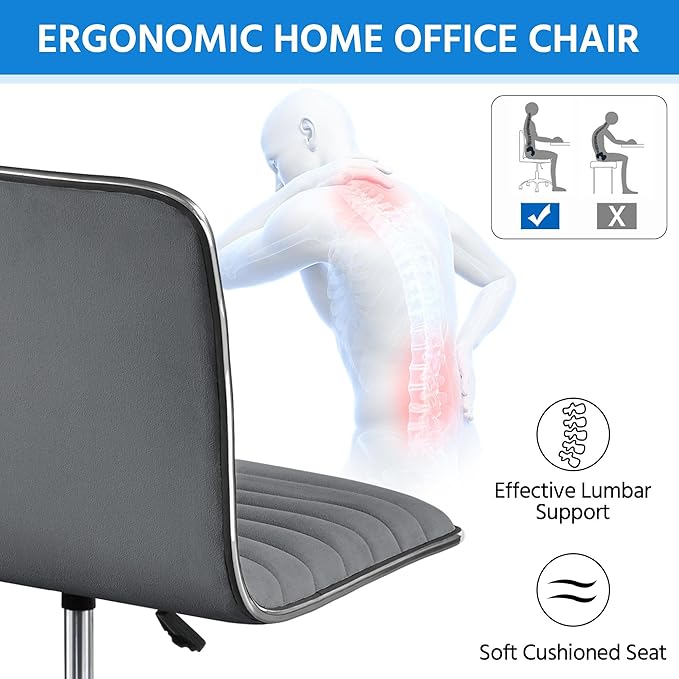Yaheetech Velvet Low Back Armless Ribbed Office Chair Height Adjustable Swivel Task Chair Dark Gray