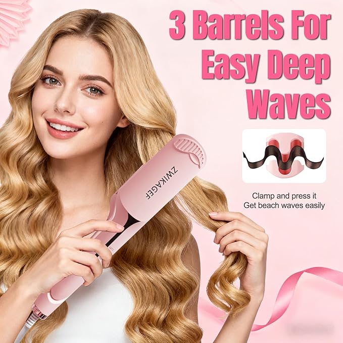 Curling Iron Crimper Hair Tool - ZWIKAGEF Hair Crimper Curling Wand, Curling Iron with Ceramic 3 Barrel for Short Hair Women, Dual Voltage, Anti-Scald, 1.25 Inch