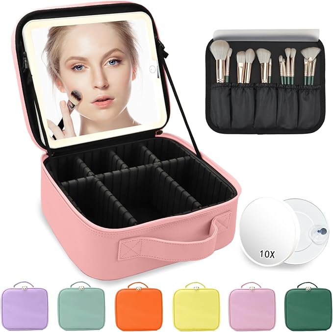 Makeup Bag with Mirror,with Mirror 3 Color Setting and Detachable 10x Magnifying Mirror Large Vanity Makeup Cases,Portable Storage and Adjustable Dividers, for Women and Makeup Artists-Pink