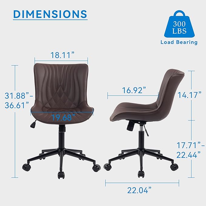 YOUNIKE Office Chair, Armless Desk Chair with Wheels, Home Office Computer Task Chairs, Modern Faux Leather Upholstered Vanity Chair, Adjustable Swivel Rocking Chair with Back, Espresso Brown
