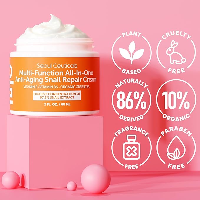 SeoulCeuticals Snail Mucin Moisturizer 97.5% - Korean Skin Care Snail Repair Cream - Day & Night Anti Aging K Beauty Skincare Cruelty Free 2oz (Pack of 2)
