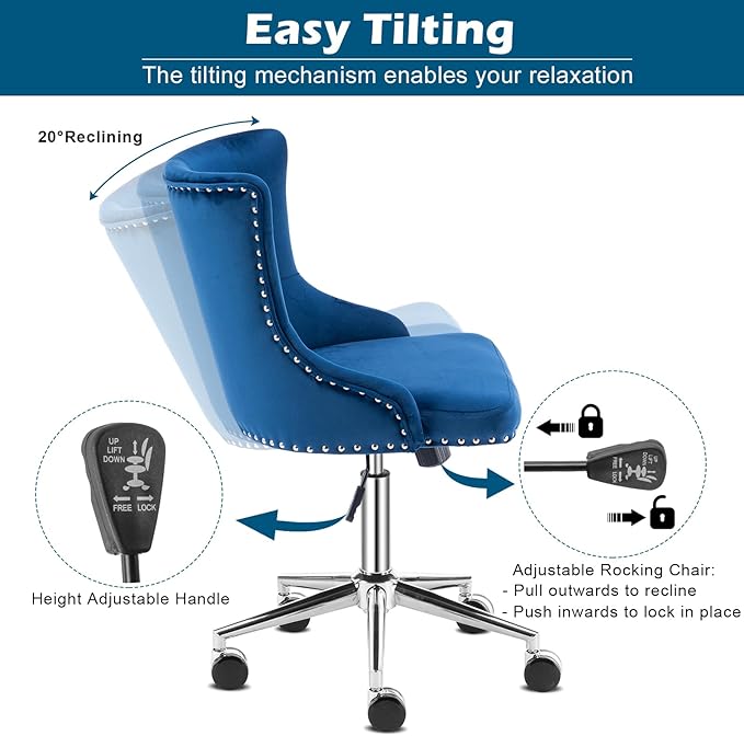 VINGLI Navy Blue Velvet Armless Home Office Desk Chair with Silver Chrome Base/Wheels, Cute Vanity/Makeup Chair with Back for Bedroom, Upholstered Adjustable Rolling Swivel Nail Chair for Women/Girls
