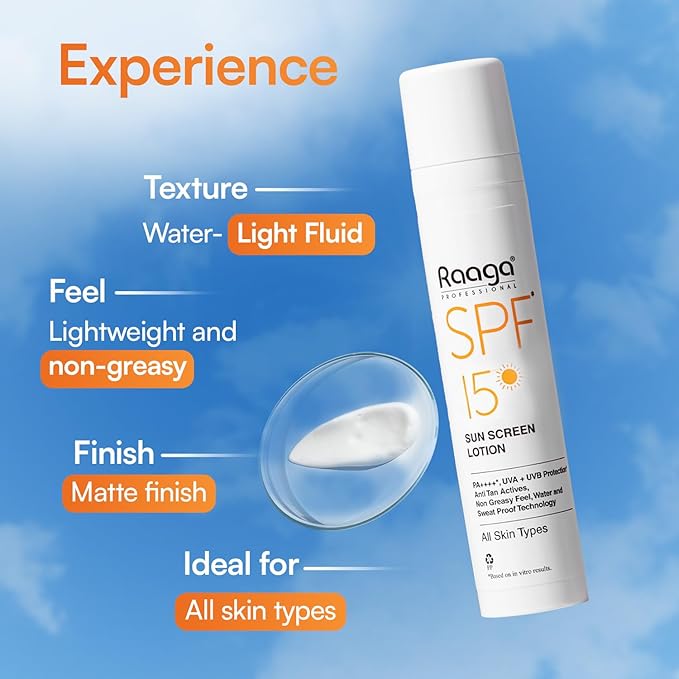 Raaga Professional Sunscreen Lotion SPF 15 | Broad Spectrum UVA & UVB Protection | Lightweight, Non-Greasy & Water-Resistant | Keeps Skin Hydrated | For All Skin Types | 1.86 Fl Oz/55ml