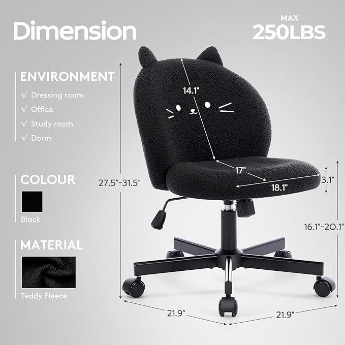 Vanity Chair with Cat Back,Armless Desk Chair Cute Small Office Chair,Teddy Fabric Computer Chair with Adjustable Height,120°Tilting,Rolling,Swivel for Vanity,Kids Room,Office,Bedroom Black