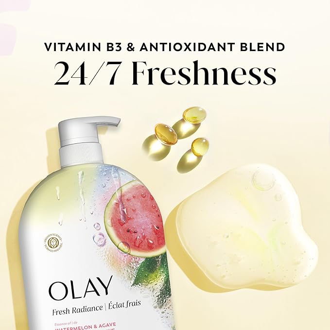 Olay Body Wash for Women, Fresh Radiance, 24/7 Skin-Loving Freshness, Visibly Radiant, Plant Based Cleansers, Vitamin B3 & Antioxidant Blend, For All Skin Types, Watermelon & Agave Scent, 35 fl oz