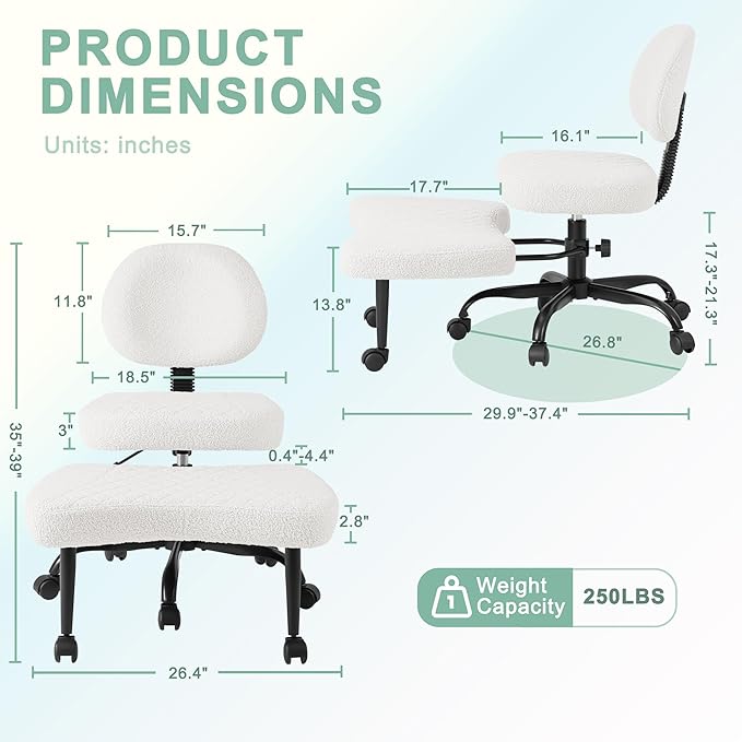 GUNJI Ergonomic Criss Cross Legged Office Chair, 360° Swivel Meditation Kneeling Chair with Wheels, ADHD Chair with Footrest, Lumbar Support, Wider Height Adjustable Seat (White, Faux Leather)