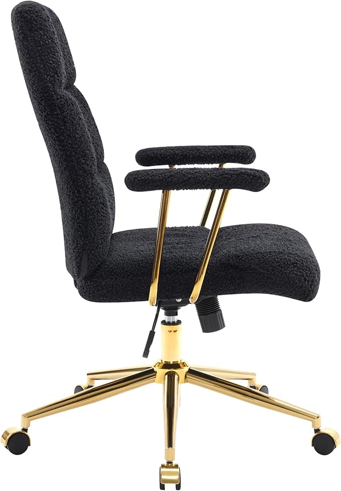Elegant Black and Gold Office Chair with Textured Boucle Fabric, Modern Desk Chair with Padded Seat, Height Adjustable with Durable Gold Base