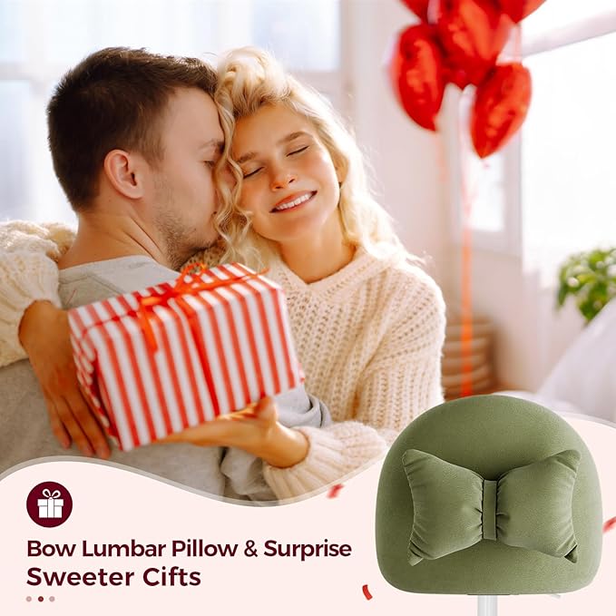 GTPLAYER Velvet Tall Office Chair with Wheels Vanity Chairs with Back, Versatile Height Use: Office to Bar Stools Small Ergonomic Comfy Armlees Computer Desk Chair with Bow Lumbar Pillow for Gift