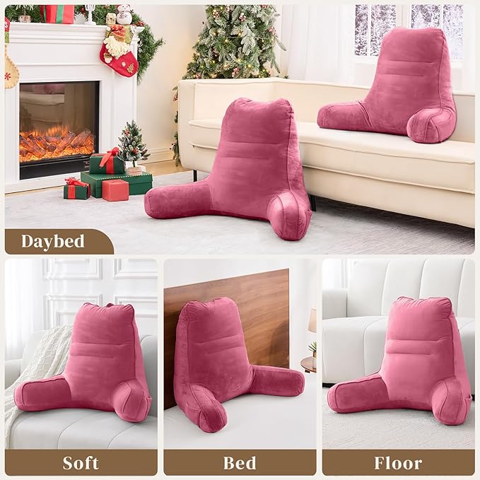 Sasttie Reading Pillow for Bed - 23 Inch, Back Pillow for Bed Sitting Up, Back-Rest Support Cushion with Side Pockets and Arms, Dorm Essentials, Oeko-Tex Certified, Rose Pink