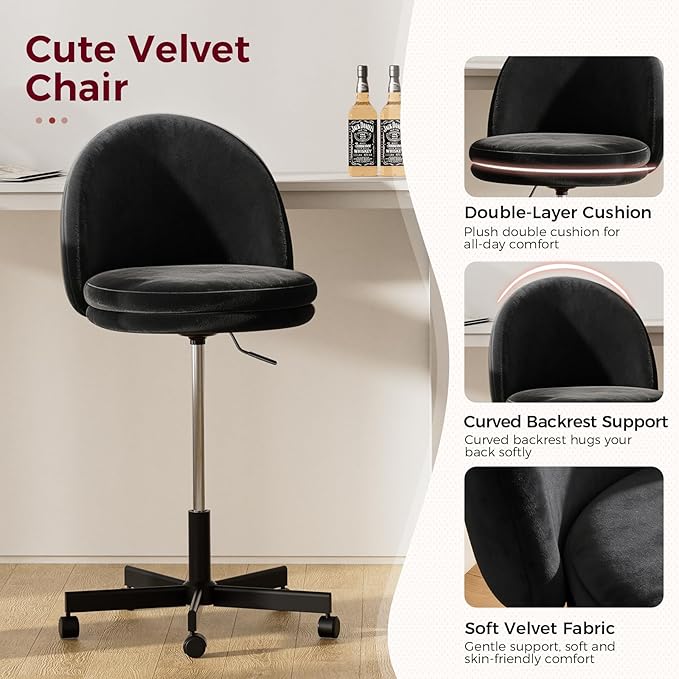 GTPLAYER Velvet Tall Office Chair with Wheels Vanity Chairs with Back, Versatile Height Use: Office to Bar Stools Small Ergonomic Comfy Armlees Computer Desk Chair with Bow Lumbar Pillow for Gift