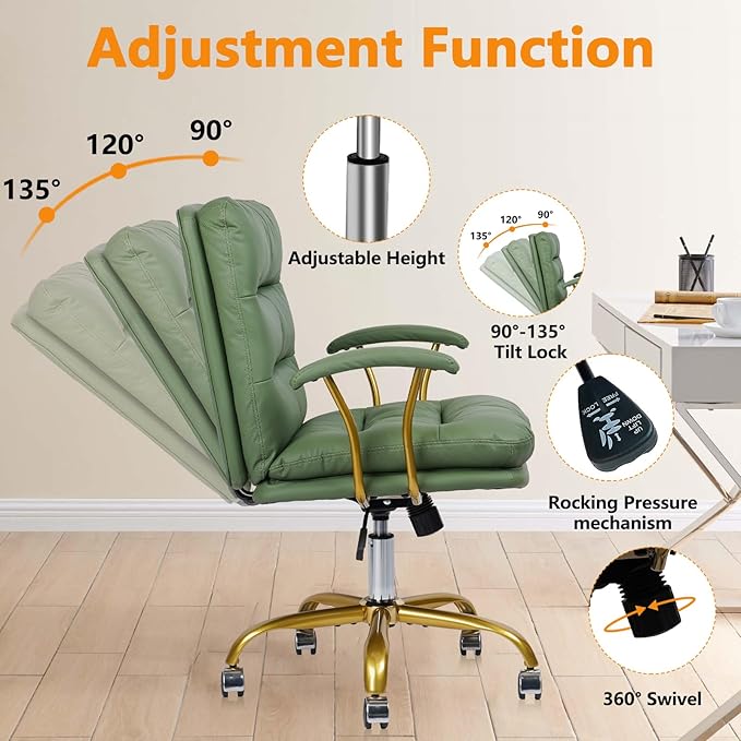 Leather Home Office Desk Chair, Mid-Back Vanity Chair Make Up Chair with Gold Wheels and Armrests, Rolling Swivel Computer Task Chair for Office Bedroom Living Room Girls Women, Green, 8 Pack