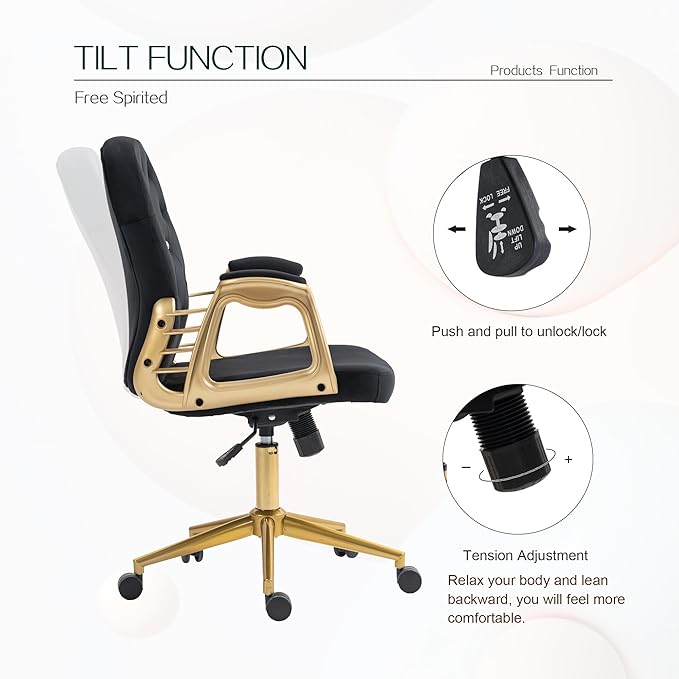 Velvet Home Office Desk Chair Comfy with Gold Base, Comfortable Swivel Makeup Chairs for Vanity with Back and Wheels, Button Tufted Armchair Rolling Chair for Girls Women Study Bedroom, Black