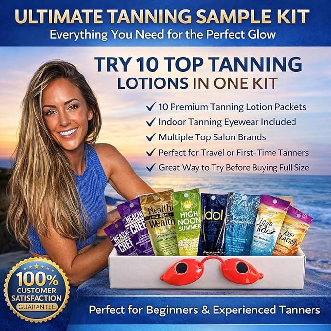 10 Pack of Tanning Bed Lotion Packets + Eyewear, The Tan Box is a Random Selection, Best Indoor UV or Outdoor Sun Cream, Dark Accelerator with Goggles (0.5 oz each)