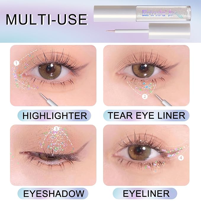 Erinde Liquid Glitter Eyeshadow Eyeliner, Metallic Shimmer Glitter Eyeshadow Liner, High Pigment Colored Eyeliner, Waterproof Long Lasting Sparkle Eye Makeup for Women, Pearl White