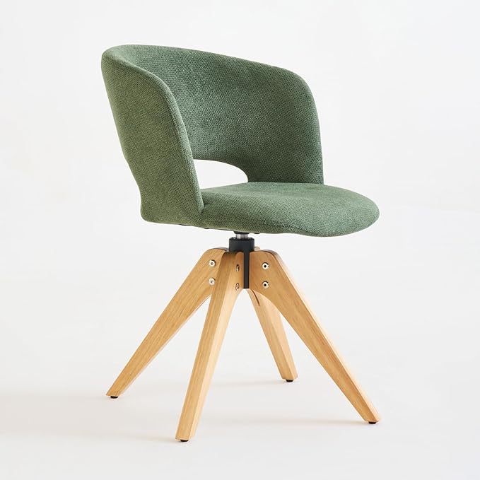 Mid Century Modern Swivel Accent Chair with Solid Wood Legs, Home Office Desk Chair No Wheels, Makeup Chair for Vanity, Upholstered Chair for Bedroom, Green