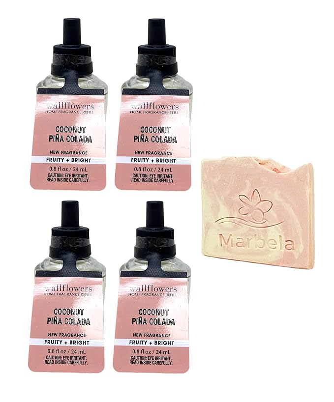 Bath & Body Works Coconut Piña Colada- 4 pack Wallflowers Home Fragrance Refill with a Himalayan Salts Springs Sample Soap.