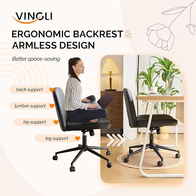 VINGLI Criss Cross Legged Chair,Wide Comfy Office Desk Chair,Dual-Use with/no Wheels Computer Task Chair,Swivel Armless Vanity Rolling Chair for Study,Make Up,Home Office,Cat Scratch PU Leather,Black
