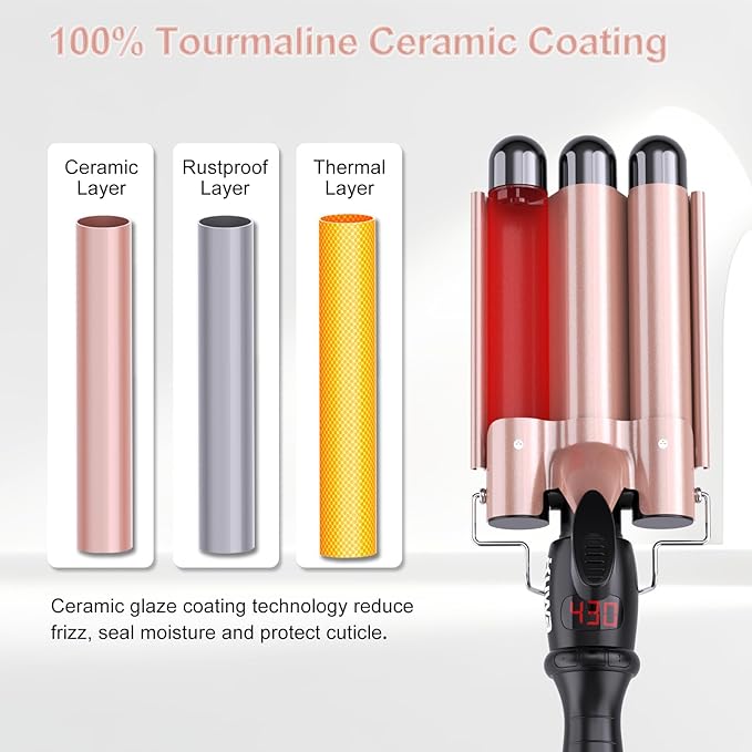 kuwa Crimper Hair Tool,3 Barrel Curling Iron,hairCrimper for Women,Hair Waver with LCD Temperature Display,Long-Lasting Natural Tight Waves