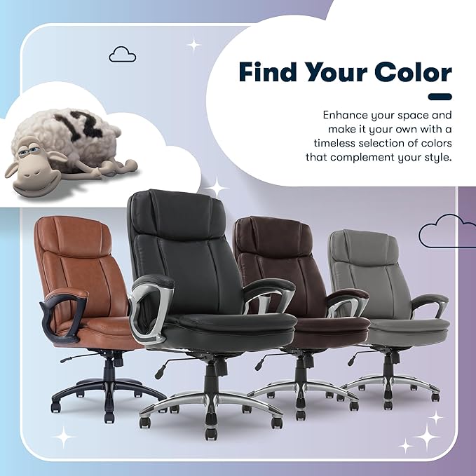 Serta Fairbanks Big and Tall Executive Office Chair - Ergonomic High Back Computer Desk Chair with Lumbar Support, Memory Foam Seat Cushion, Padded Armrests, Bonded Leather, 350 lb Capacity - Black