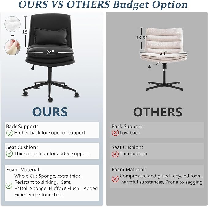 VINGLI Cloud Criss Cross Legged Chair,18" High Back Armless Home Office Desk Chair with Wheels,Wide Adjustable Comfy Padded Seat Task Computer Chair,Modern Swivel Makeup Vanity Chair,Microfiber,Black