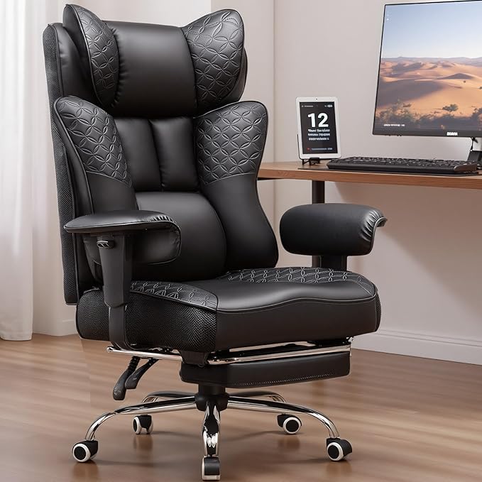 GTPLAYER Big and Tall Office Chair 400LBS Wide Ergonomic Gaming Chair with Deluxe Embossing Designed Leather with Foot Rest,150°Reclining Adjustable Soft Armrests Pocket Spring Back Support and Pillow