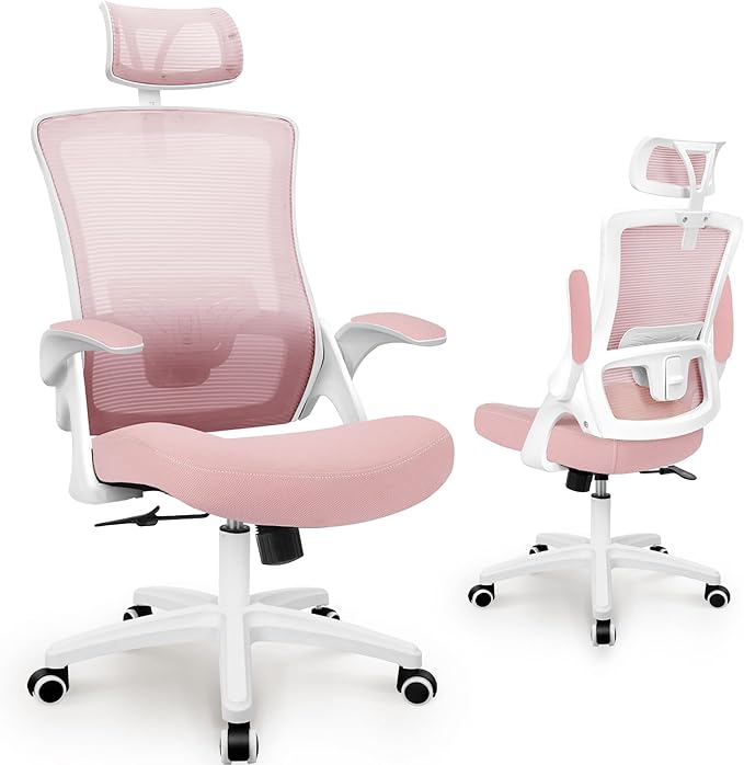 NEO Chair Office Desk Chair Computer High Back Mesh Gaming Seat with Ergonomic Adjustable Comfy Flip-up Armrests Lumbar Support Height for Home (Headrest Pink)