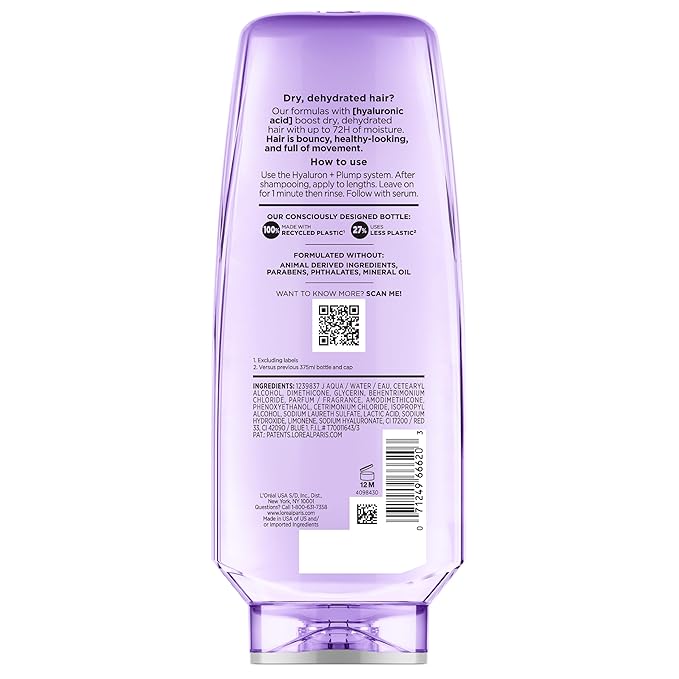 L'Oreal Paris Elvive Hyaluron Plump Hydrating Conditioner for Dehydrated, Dry Hair Infused with Hyaluronic Acid Care Complex, Paraben-Free, 12.6 Fl Oz
