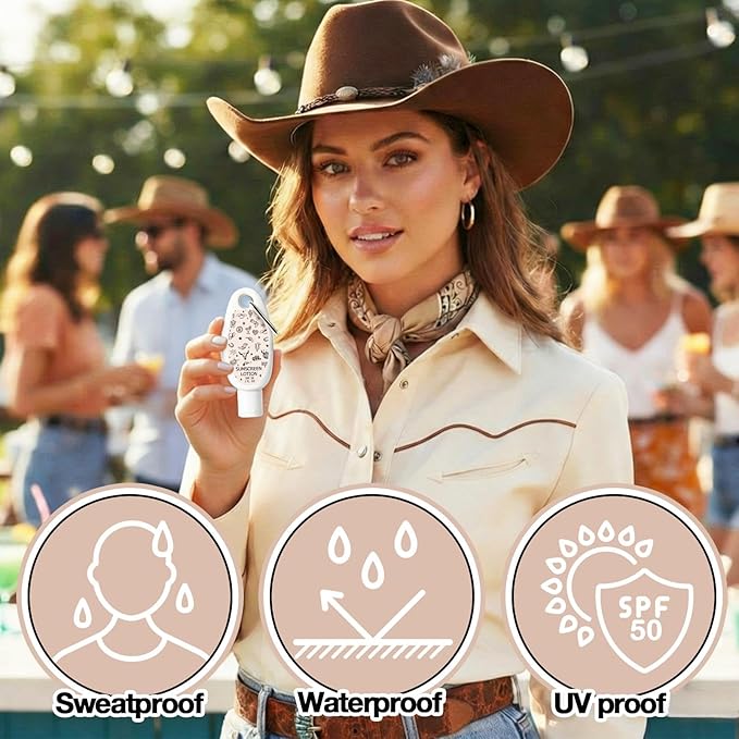 Leelosp 30 Pcs Mini Sunscreen with Carabiner Bulk Travel Size 1 Fl oz Water Resistant Spf 30 Sunblock Lotion Party Favors for Guests Western Cowboy Rodeo Cowgirl Birthday Bachelorette Gifts