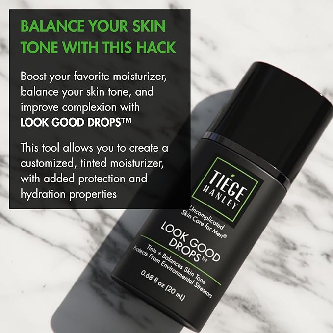 Tiege Hanley Look Good Tanning Drops for Men, Daily Tinted Face Moisturizer Mix-In with Hyaluronic Acid for Hydration, Natural Tan Finish and Antioxidant Support, Men’s Skin Care, 20 ML
