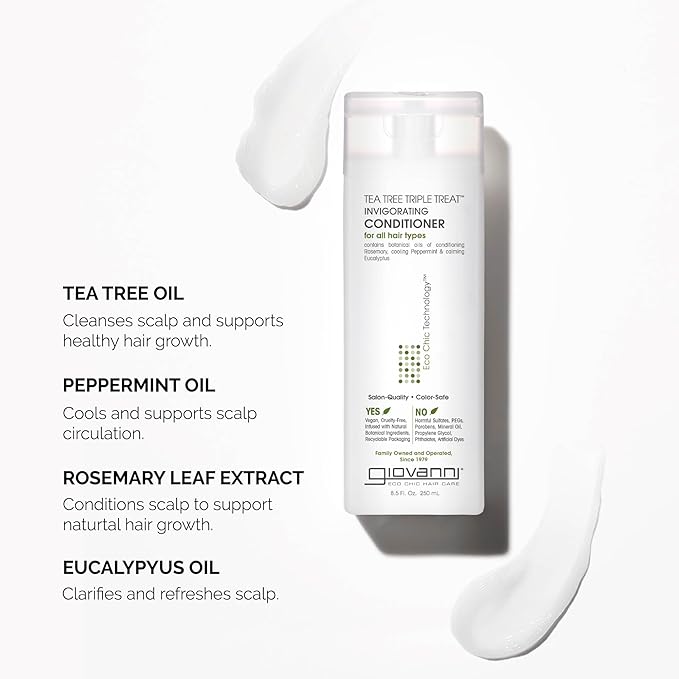 GIOVANNI Tea Tree Triple Treat Invigorating Conditioner - Cooling Peppermint, Eucalyptus, Rosemary, Helps Dry Flaking Scalp, Paraben Free, Helps to Moisturize, Smooth & Detangle- 8.5 oz (1 Pack)