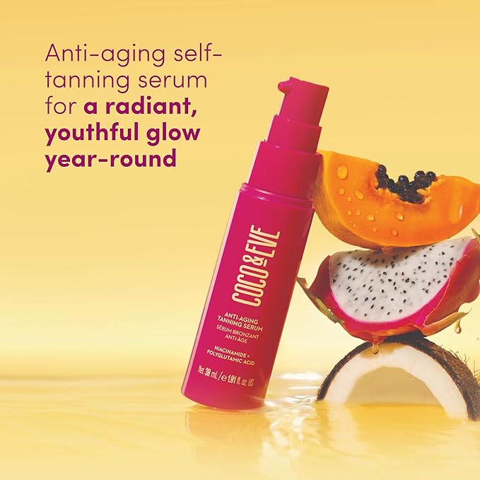 Coco & Eve Anti-Aging Tanning Serum - Face tanner with Skincare Actives for Gradual, Hydrating Glow. Natural Self Tanning Bronzer, with Niacinamide & Antioxidants for Healthy Glowing Skin (1.01 Fl Oz)