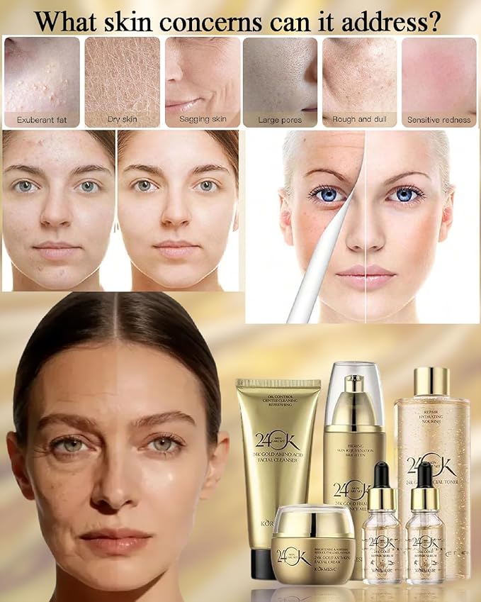 24K Gold Skin Care Set for Women, 6-Piece Collection Anti-Aging Skincare Kit: Facial Cleanser 100g, Toner 300ml, Essence Milk 100ml, Face Cream 50g, 2 Serums 15ml for Valentine's Day, Mother's Day