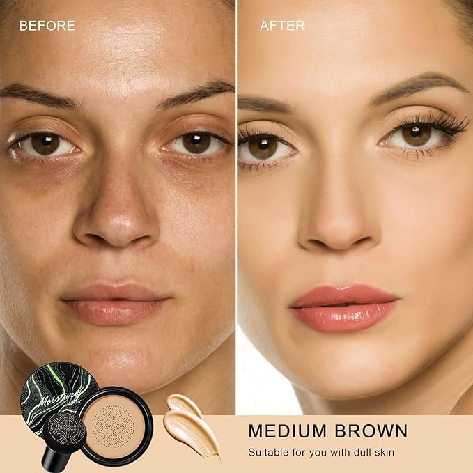Mushroom Head Air Cushion CC Cream - BB Cream Face Makeup for Mature Skin, Moisturizing Cover Balm Foundation & Long-Lasting Color Correcting Concealer, Even Skin Tone for All Skin (Medium Brown)