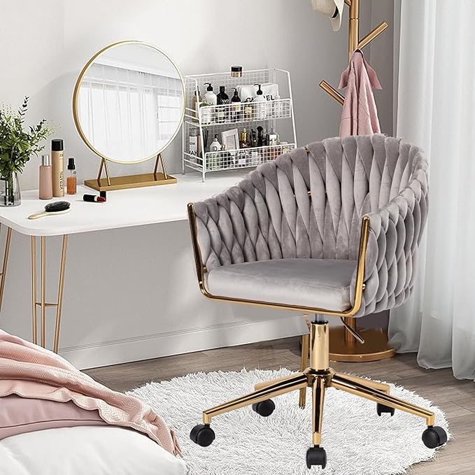 Velvet Office Chair with Hand Woven Back, Vanity Desk Chairs with Golden Wheels, Swivel Home Office Desk Chair, Accent Makeup Desk Chair for Bedroom, Living Room(Grey)