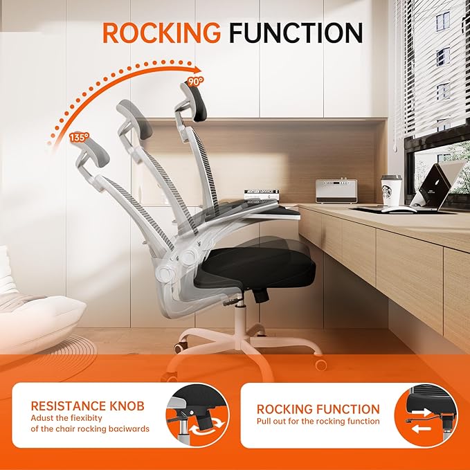Synorla Office Chair Ergonomic Desk Chair, 330LBS Capacity, High Back Computer Design for Long Hours Comfort, Rolling Swivel for Home Office, Flip-up Armrests（Grey Black）