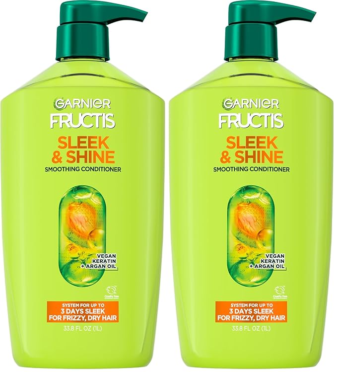 Garnier Fructis Sleek & Shine Conditioner, Smoothing Conditioner for Frizzy, Dry Hair with Argan Oil and Vegan Keratin, 33.8 Fl Oz (Packaging May Vary) (Pack of 2)